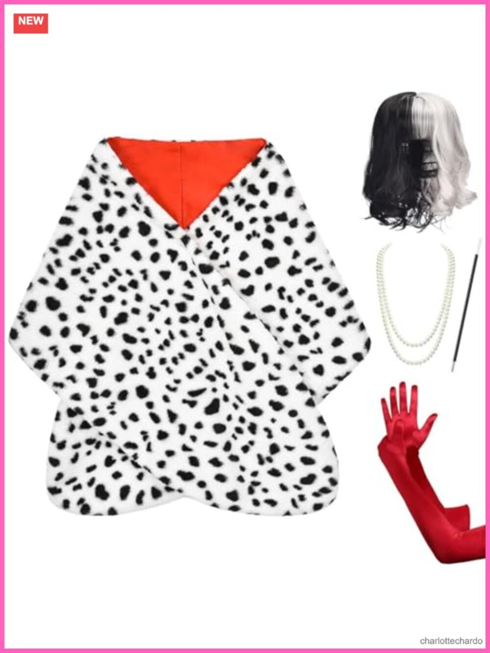 Dalmatian Shawl Costume Set Wig Gloves Necklace Adult Halloween